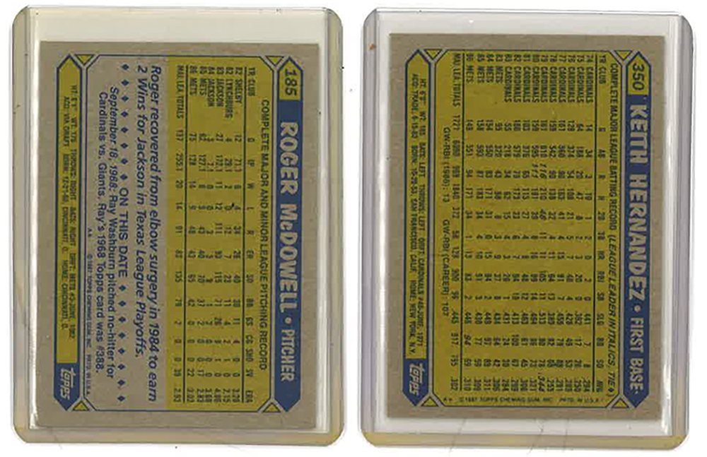 The backs of both the 1987 Topps Hernandez (#350) and McDowell (#185) cards.